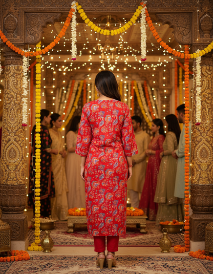 Vibrant Red Floral Cotton Kurta