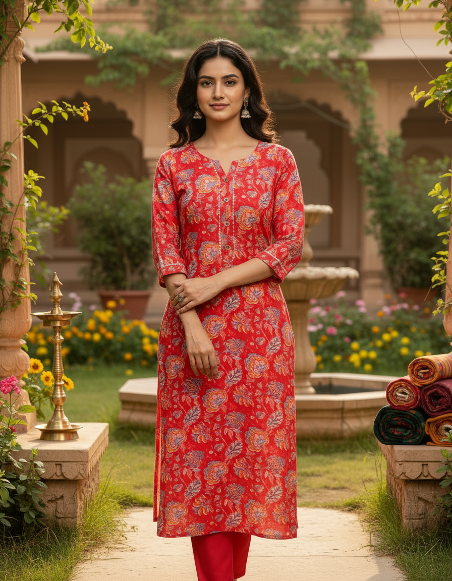 Vibrant Red Floral Cotton Kurta