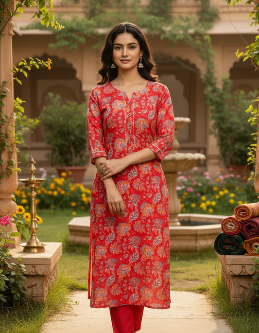 Vibrant Red Floral Cotton Kurta