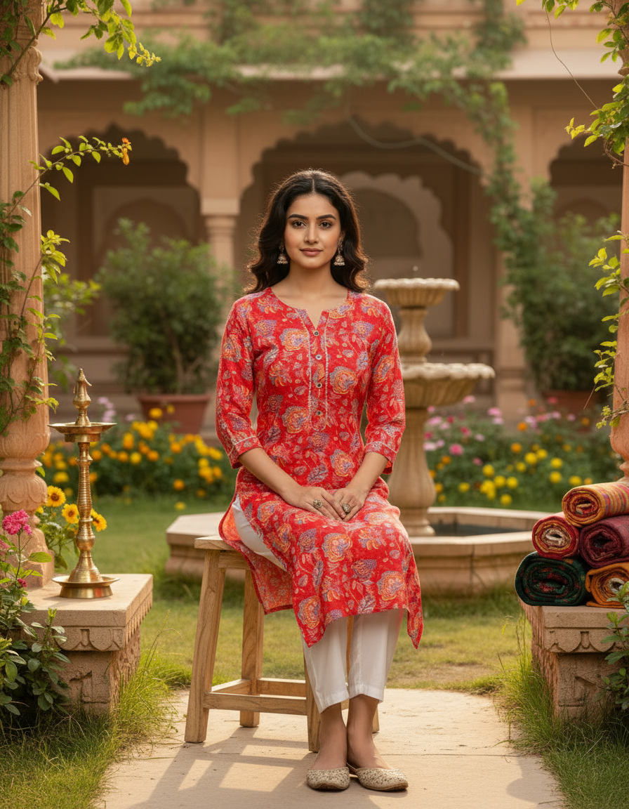 Vibrant Red Floral Cotton Kurta