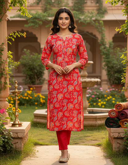 Vibrant Red Floral Cotton Kurta