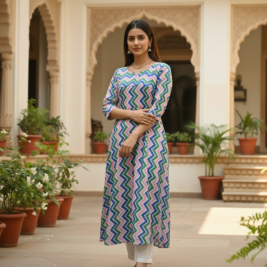 Vibrant Chevron Cotton Midi Dress
