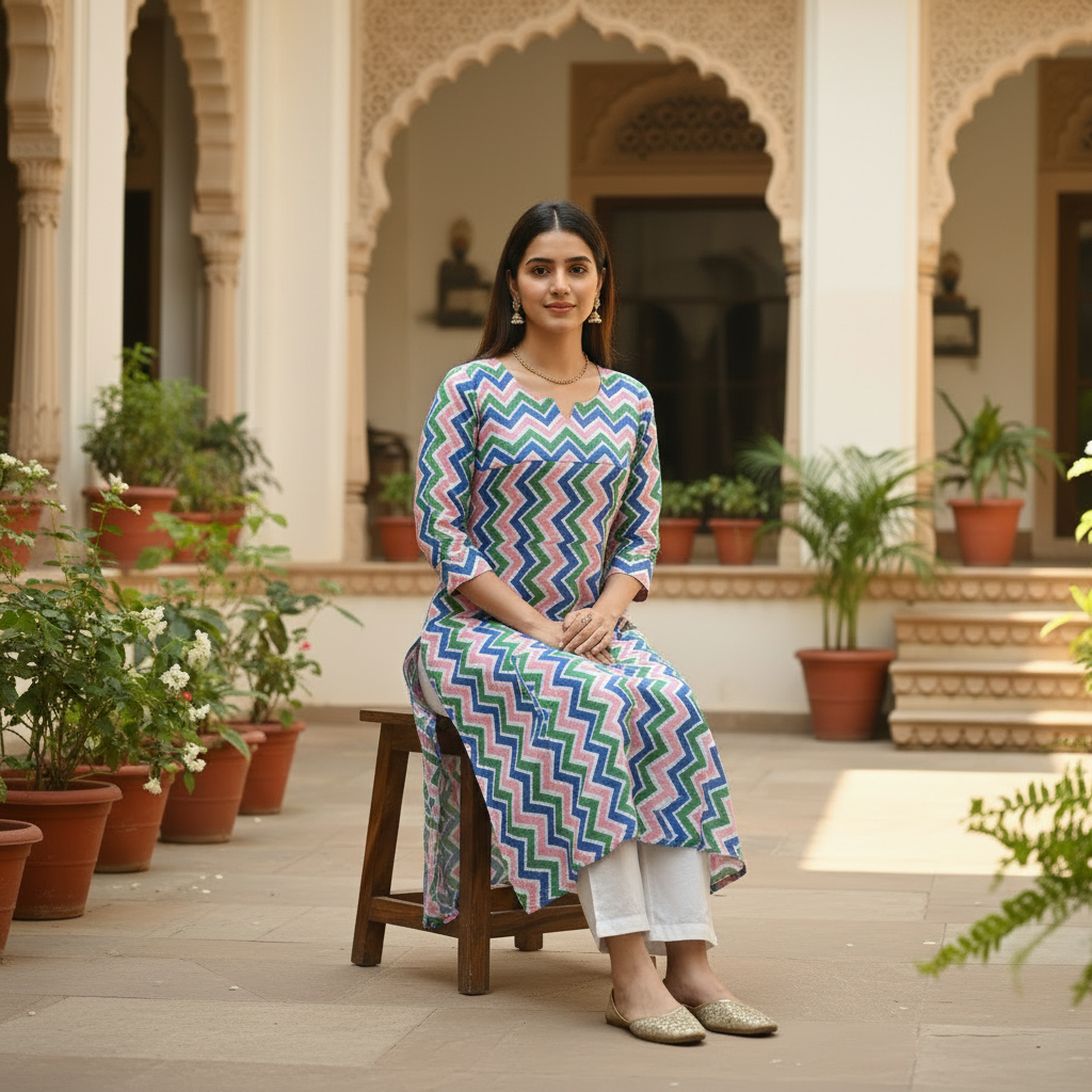 Vibrant Chevron Cotton Midi Dress