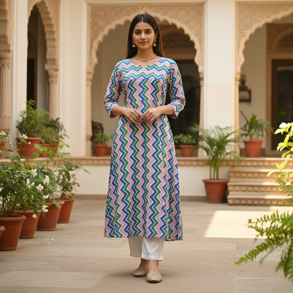 Vibrant Chevron Cotton Midi Dress