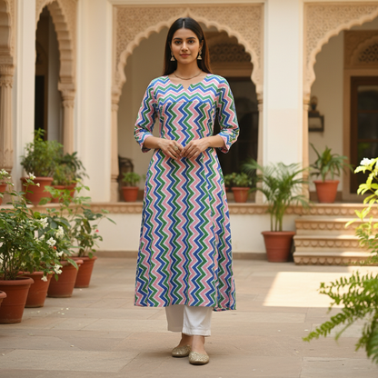 Vibrant Chevron Cotton Midi Dress