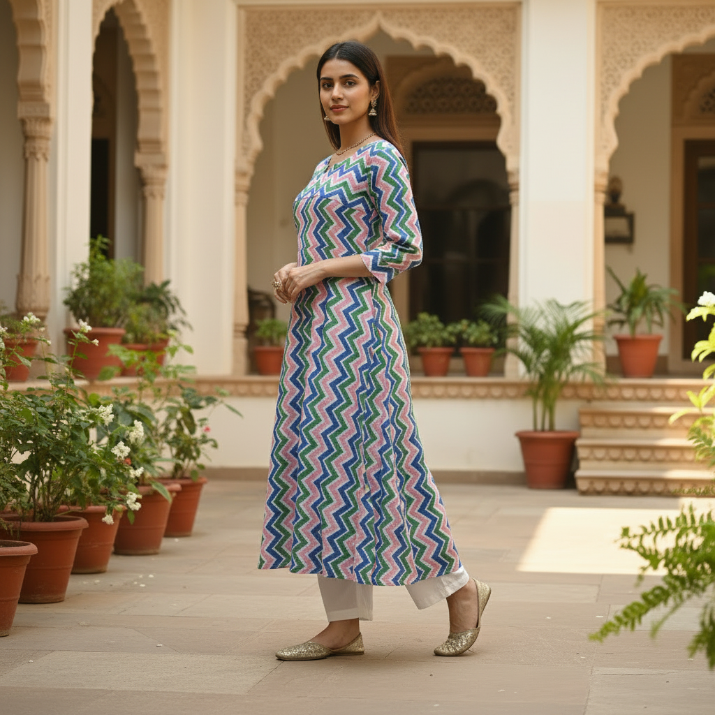 Vibrant Chevron Cotton Midi Dress