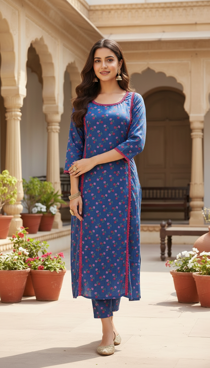 Royal Blue Floral Print Straight-Fit Kurta