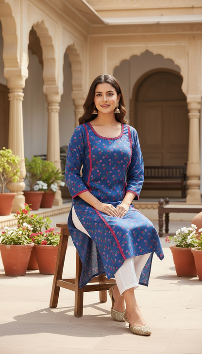 Royal Blue Floral Print Straight-Fit Kurta