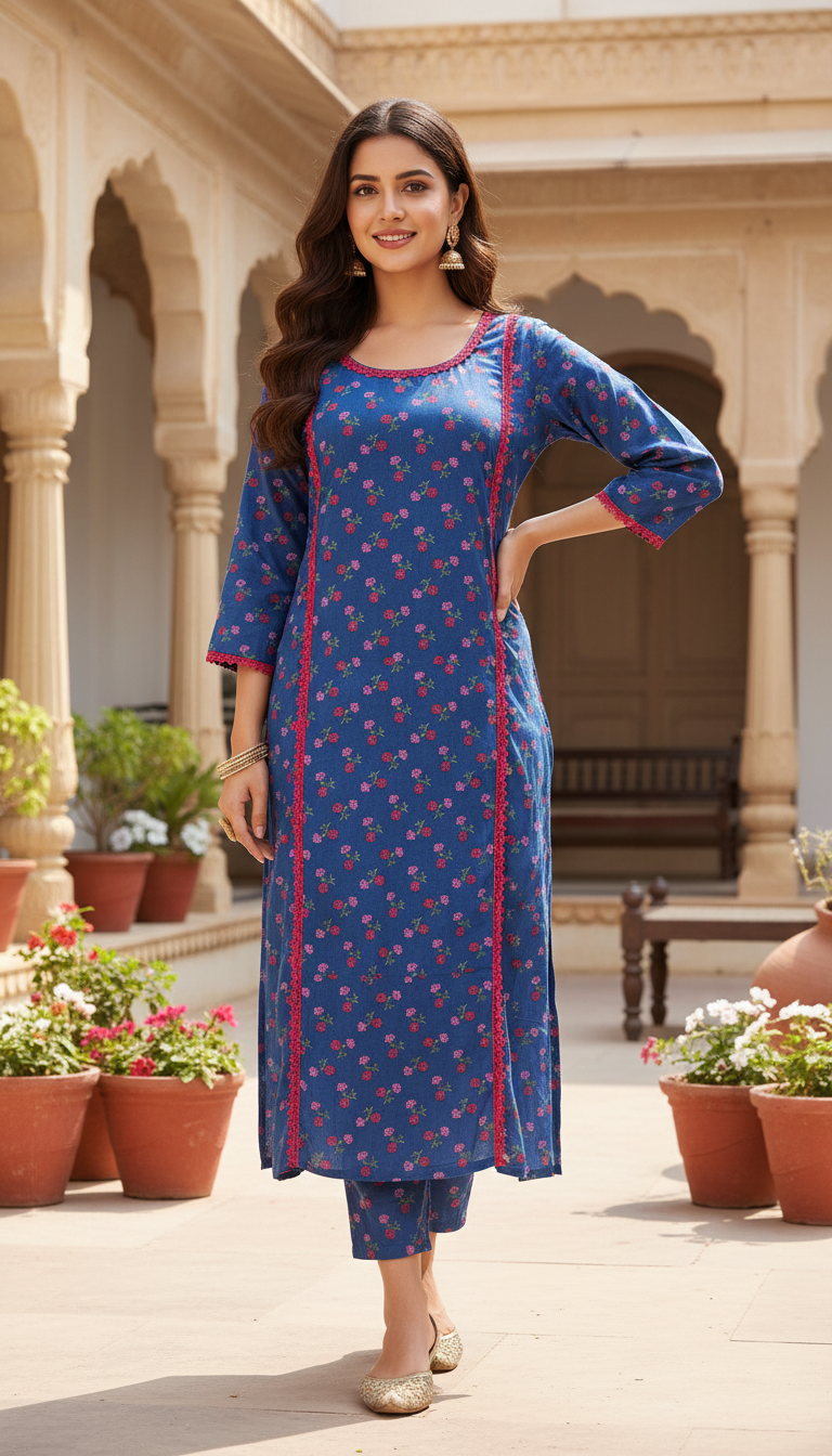 Royal Blue Floral Print Straight-Fit Kurta