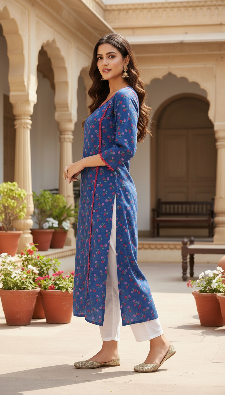 Royal Blue Floral Print Straight-Fit Kurta