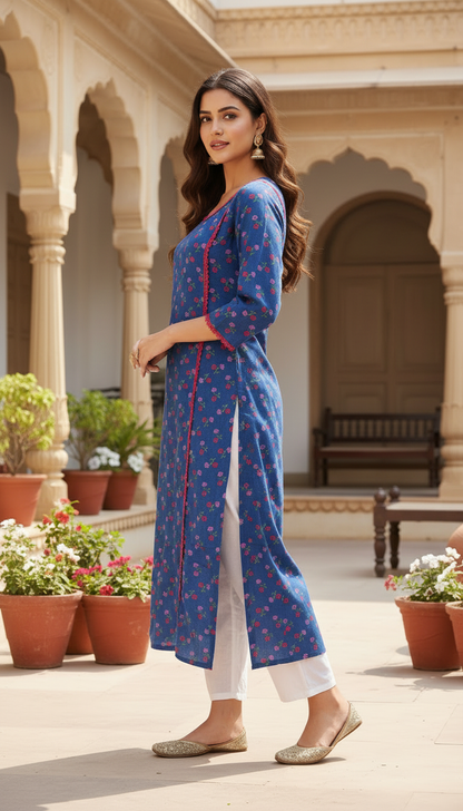Royal Blue Floral Print Straight-Fit Kurta