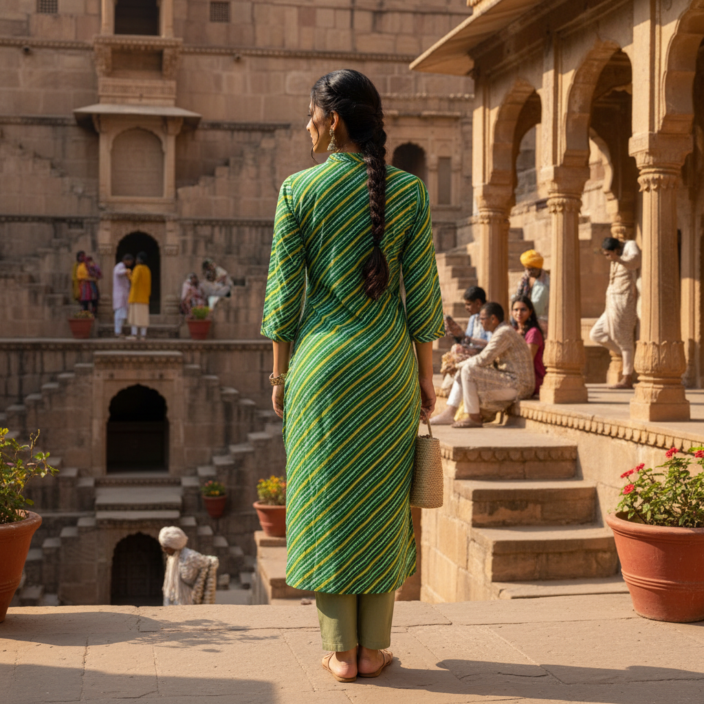 Green & Blue Leheriya Cotton A-Line Kurta