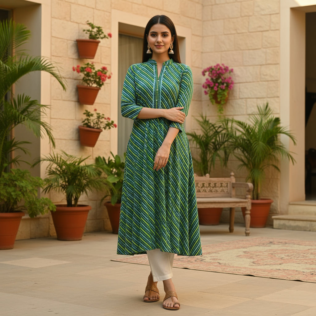 Green & Blue Leheriya Cotton A-Line Kurta