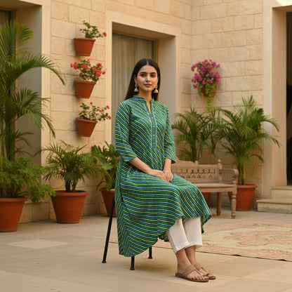 Green & Blue Leheriya Cotton A-Line Kurta