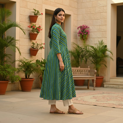 Green & Blue Leheriya Cotton A-Line Kurta