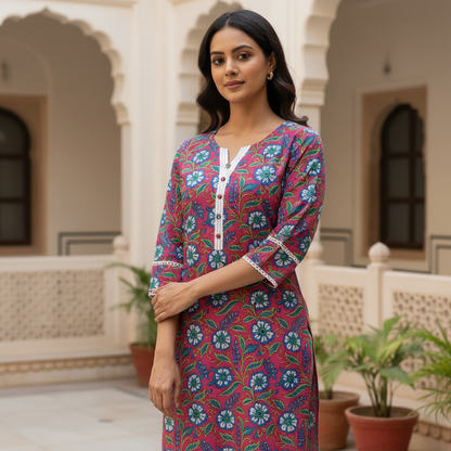 Vibrant Pink Floral Block Print Cotton Kurta