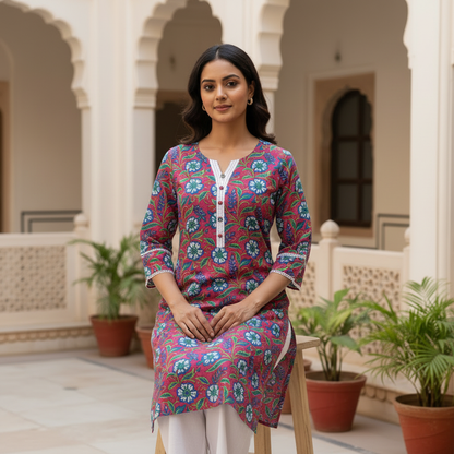 Vibrant Pink Floral Block Print Cotton Kurta