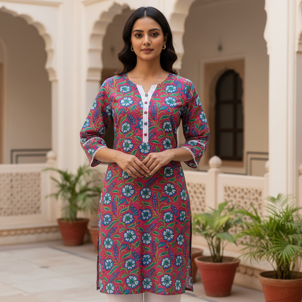 Vibrant Pink Floral Block Print Cotton Kurta