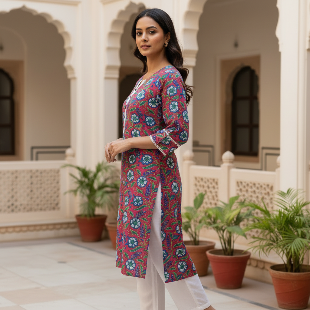 Vibrant Pink Floral Block Print Cotton Kurta