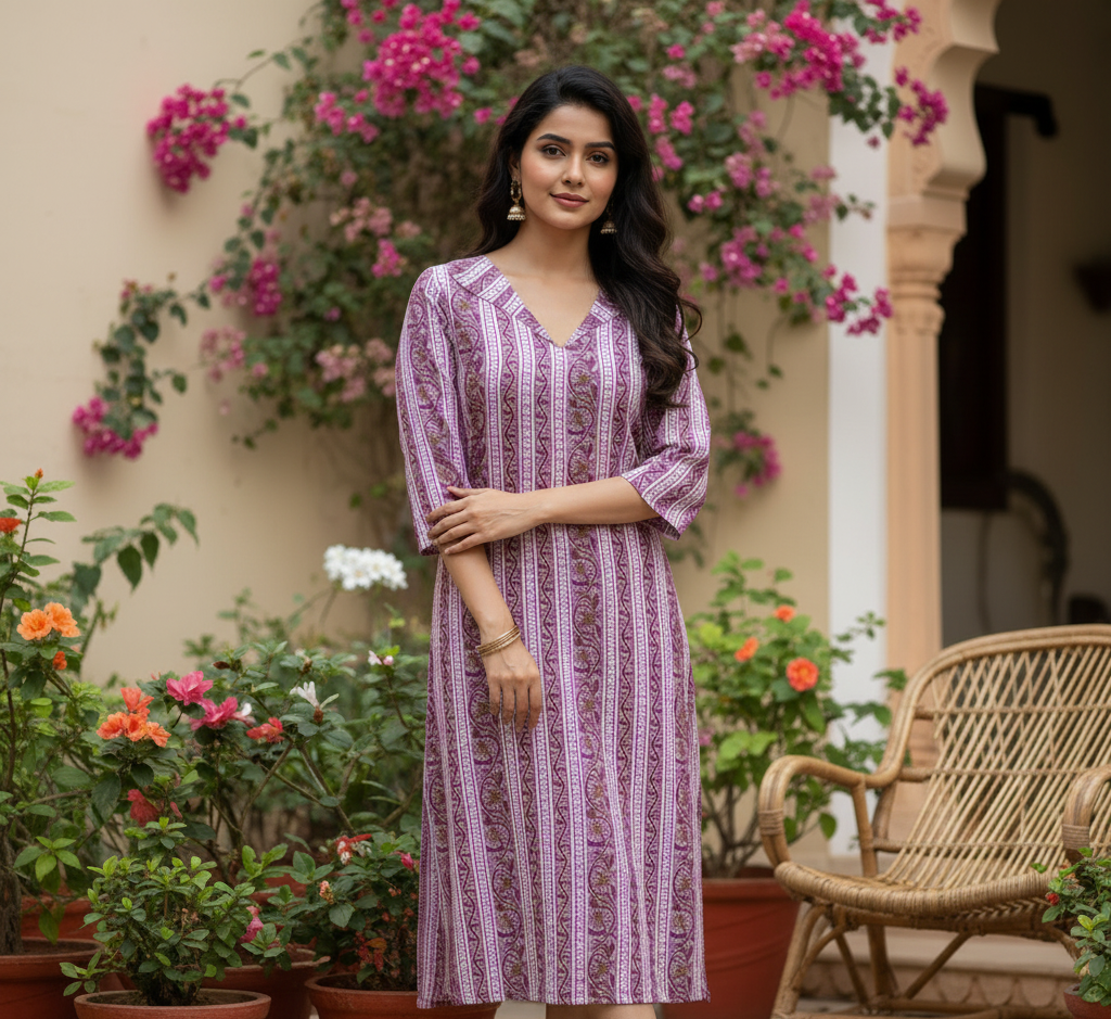 Mauve Printed Cotton Straight-Fit V-Neck Kurta