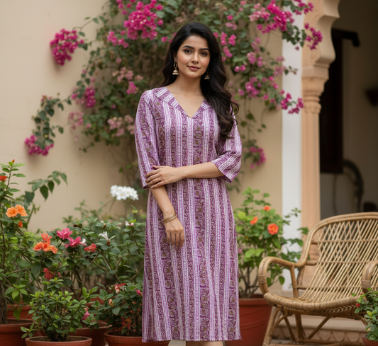 Mauve Printed Cotton Straight-Fit V-Neck Kurta