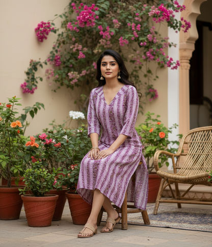 Mauve Printed Cotton Straight-Fit V-Neck Kurta