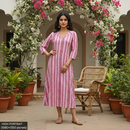 Mauve Printed Cotton Straight-Fit V-Neck Kurta