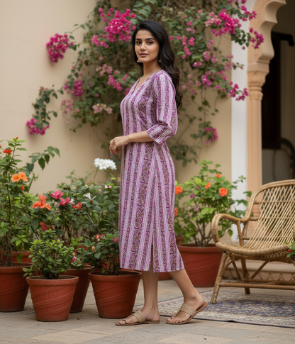 Mauve Printed Cotton Straight-Fit V-Neck Kurta