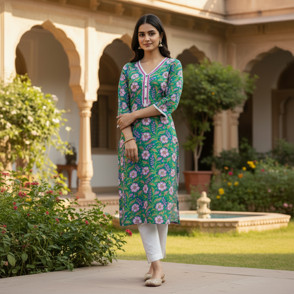 Emerald Green Floral Print Cotton Slit Kurta