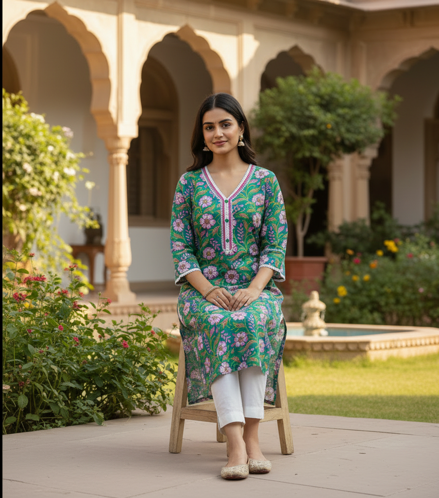 Emerald Green Floral Print Cotton Slit Kurta