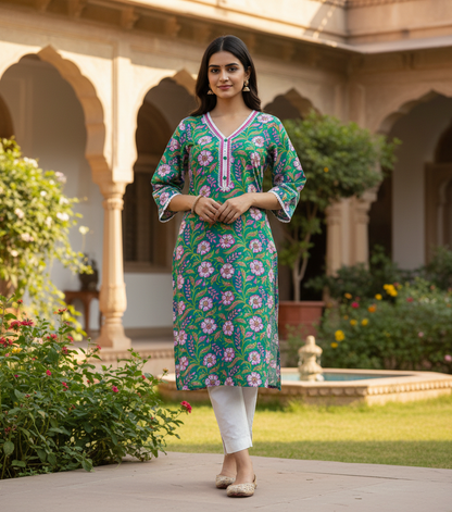 Emerald Green Floral Print Cotton Slit Kurta