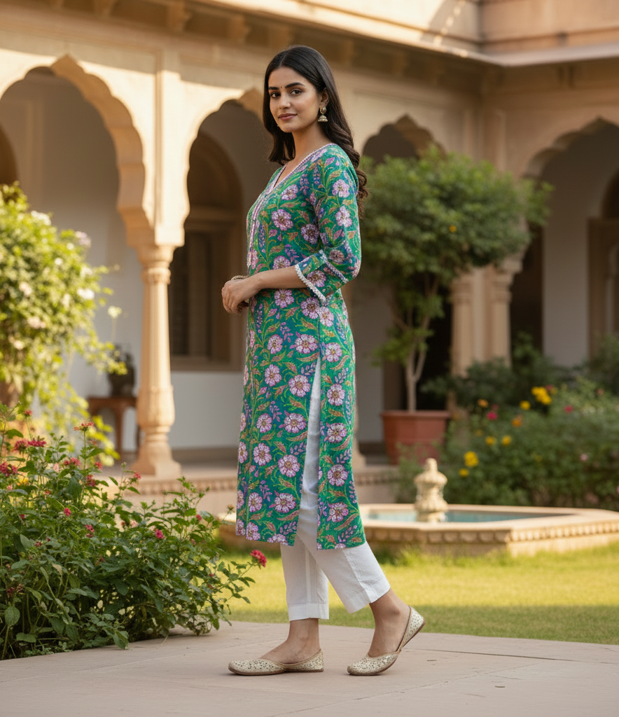 Emerald Green Floral Print Cotton Slit Kurta