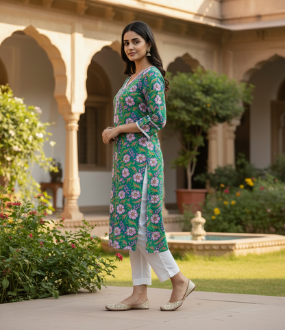 Emerald Green Floral Print Cotton Slit Kurta