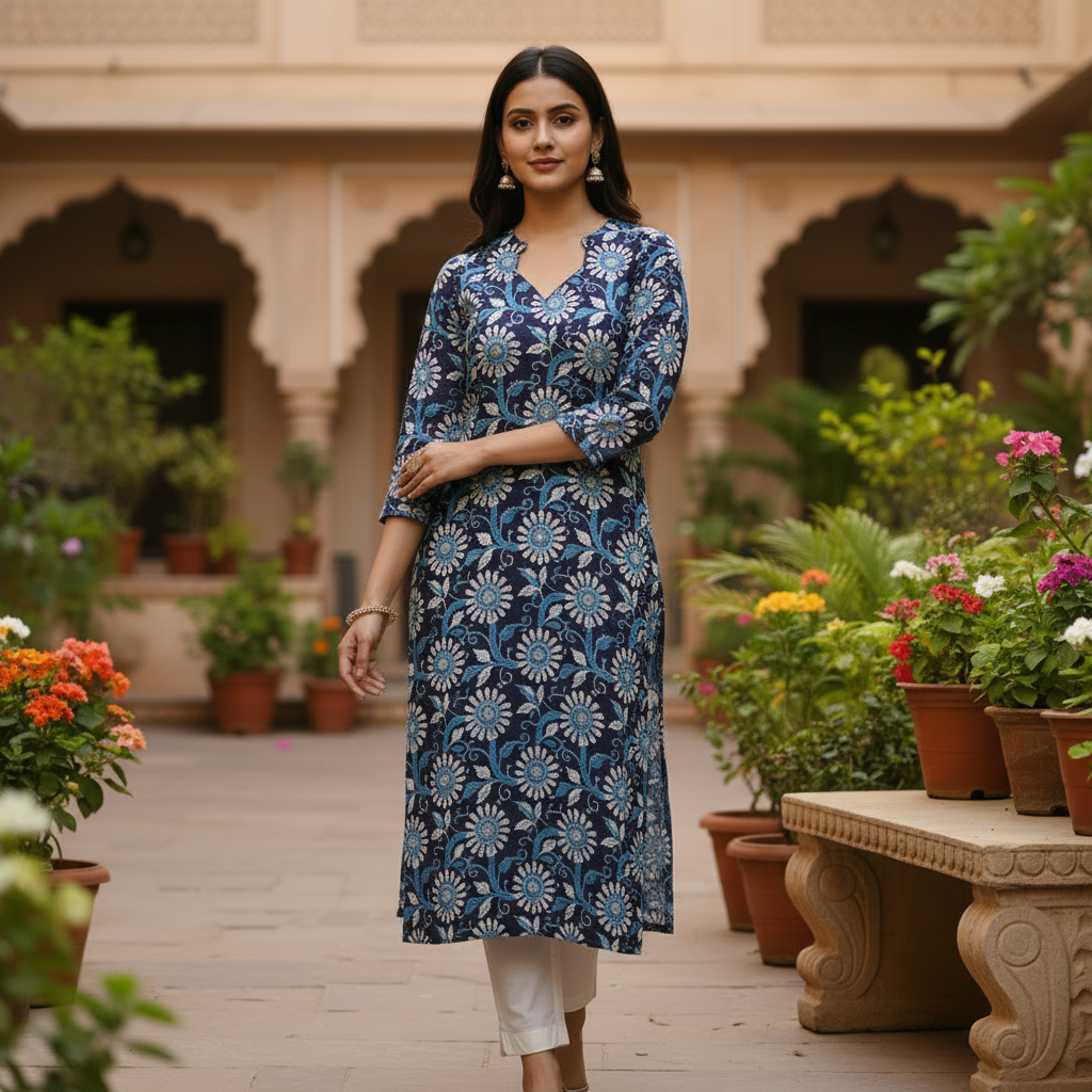 Indigo Floral Print Cotton V-Neck Kurta