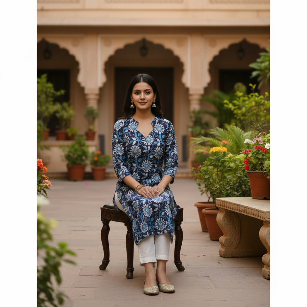 Indigo Floral Print Cotton V-Neck Kurta