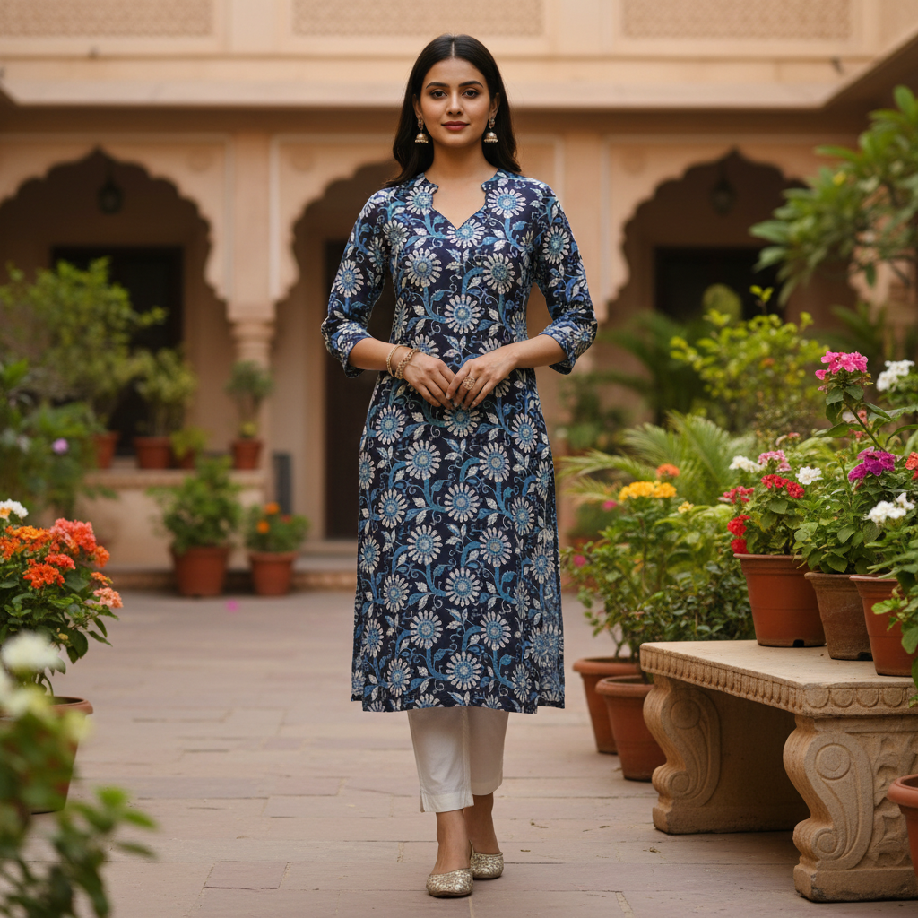Indigo Floral Print Cotton V-Neck Kurta