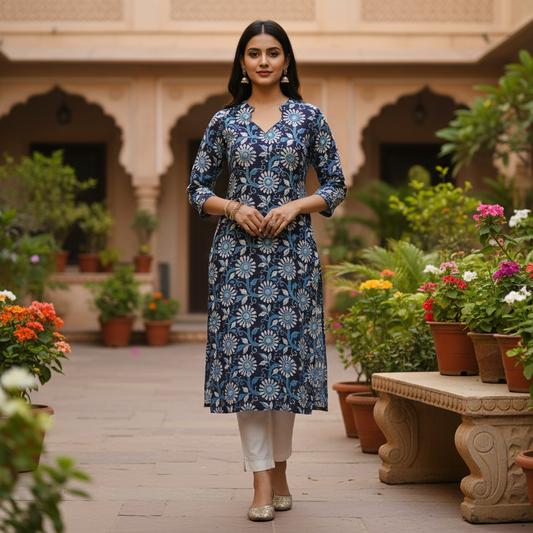 Indigo Floral Print Cotton V-Neck Kurta