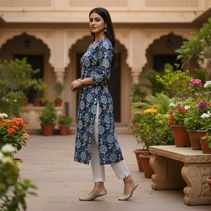 Indigo Floral Print Cotton V-Neck Kurta