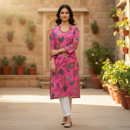 Vibrant Pink Floral Block Print Cotton Kurta