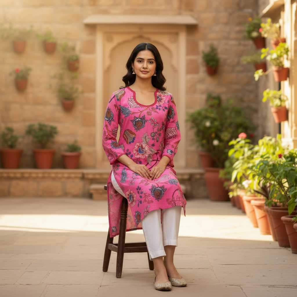 Vibrant Pink Floral Block Print Cotton Kurta