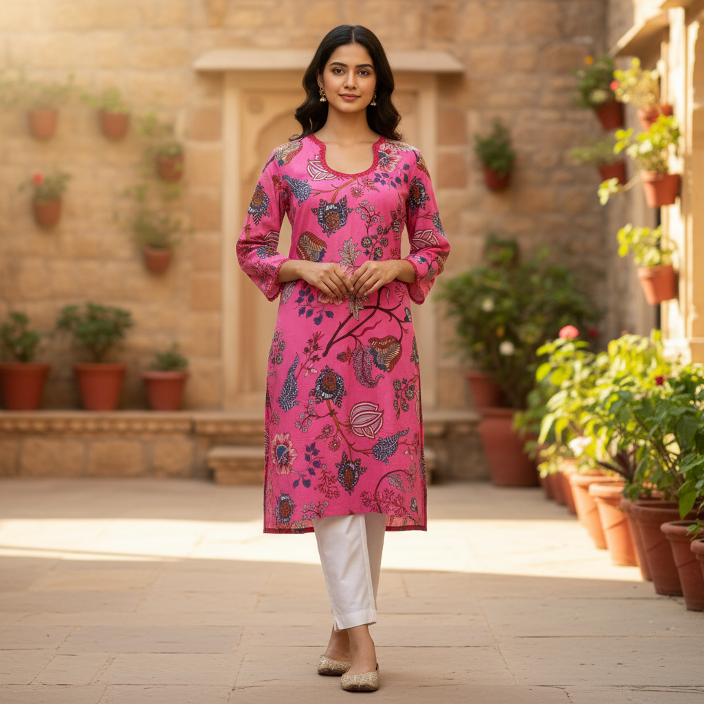 Vibrant Pink Floral Block Print Cotton Kurta