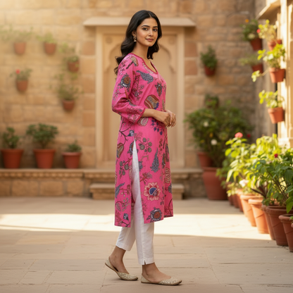 Vibrant Pink Floral Block Print Cotton Kurta