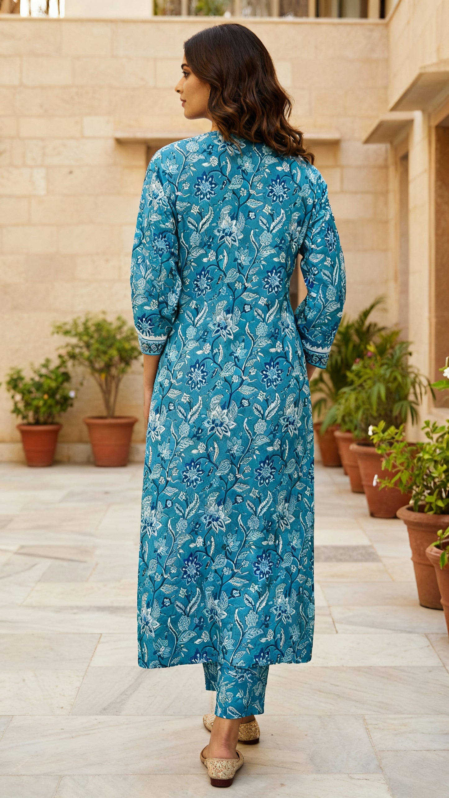 Turquoise Floral Cotton Kurta