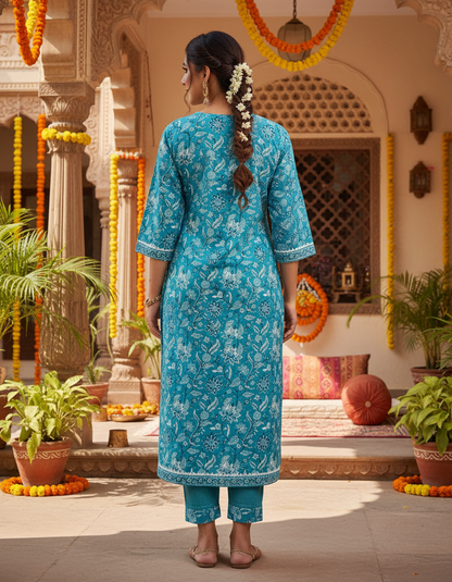 Turquoise Floral Cotton Kurta