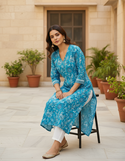 Turquoise Floral Cotton Kurta