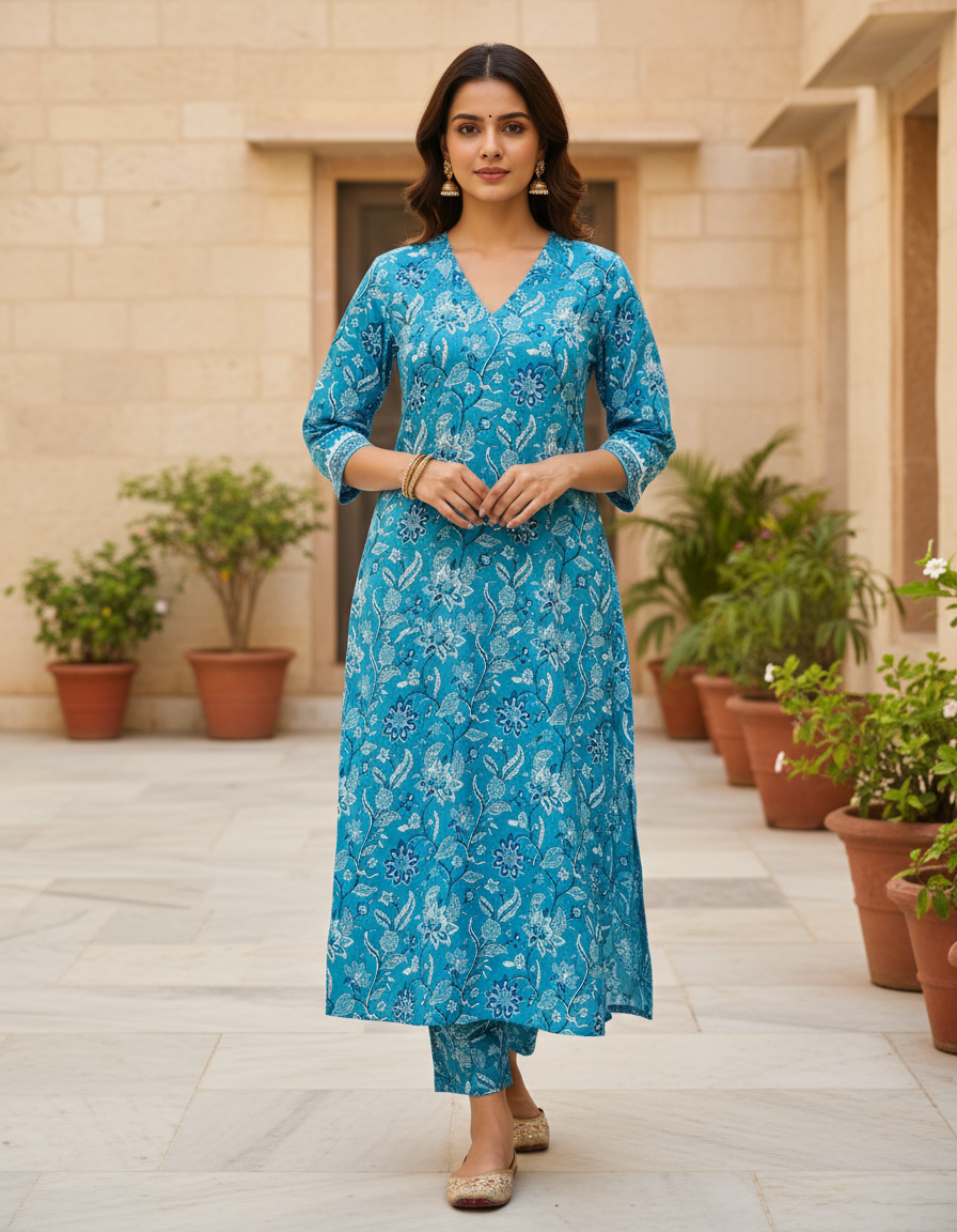 Turquoise Floral Cotton Kurta