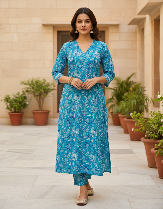 Turquoise Floral Cotton Kurta