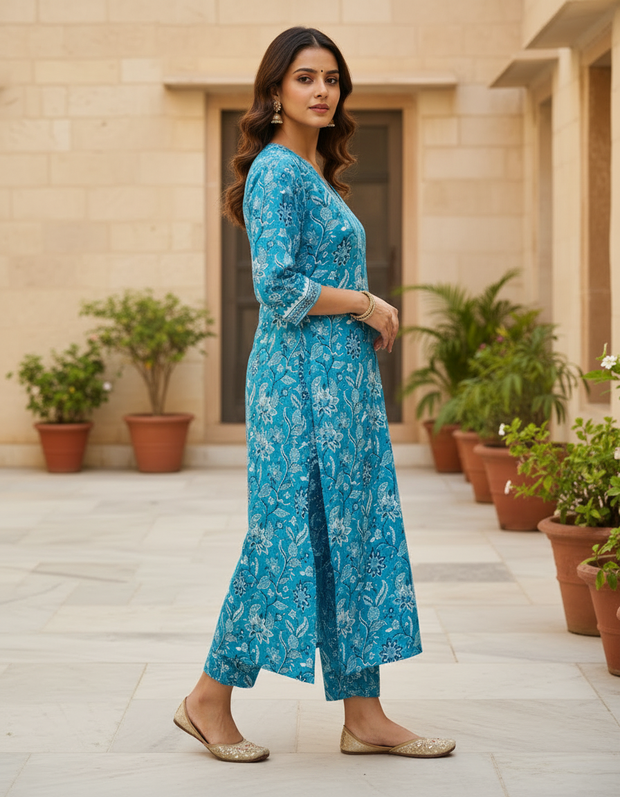 Turquoise Floral Cotton Kurta