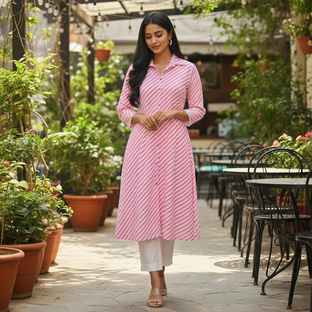 Pink Leheriya Stripe Shirt-Style A-Line Kurta
