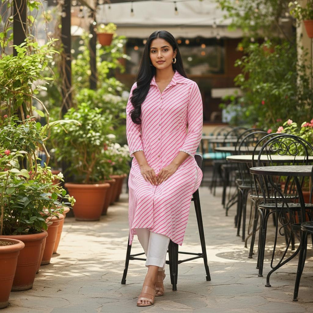 Pink Leheriya Stripe Shirt-Style A-Line Kurta